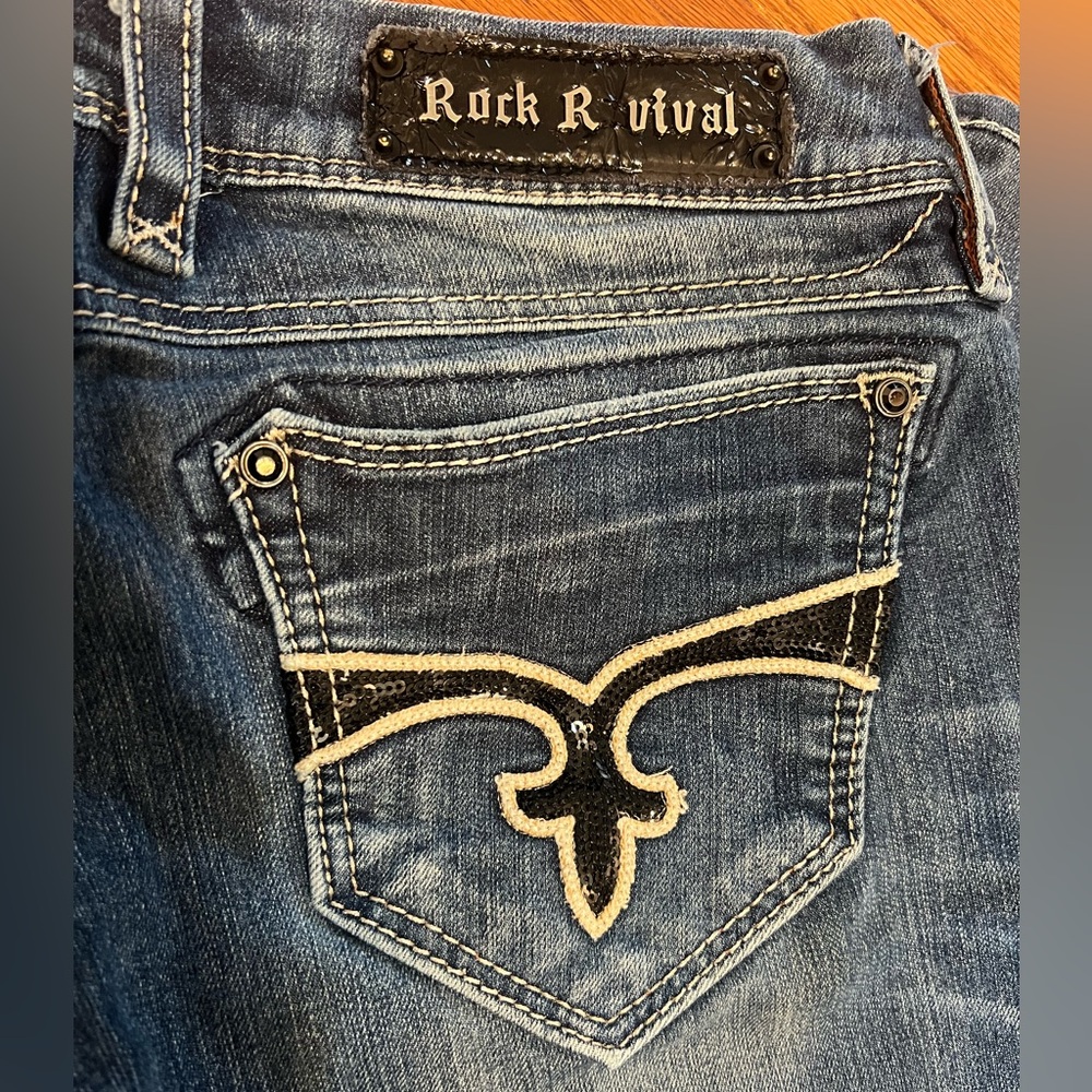Rock Revival Boot Cut Jeans in Medium Blue with Black & Cream Accents